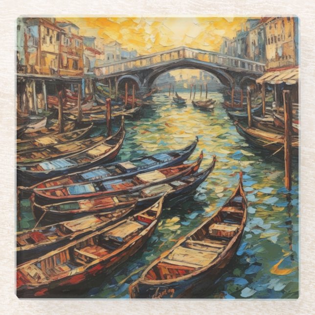 Venetian Canal Sunset | Bold Impressionist Art Glass Coaster (Front)