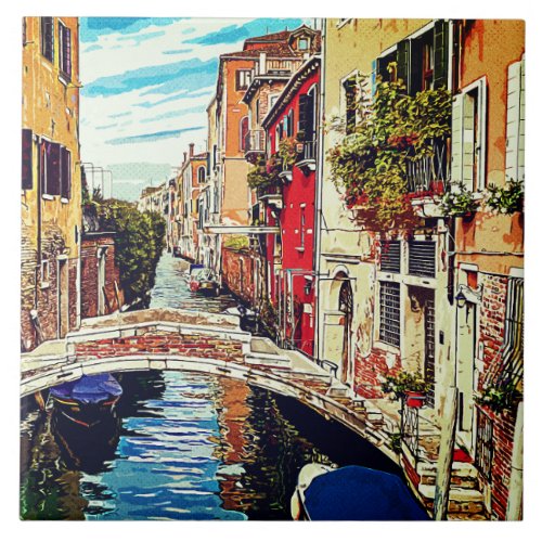 Venetian canal with houses and bridge Italy Ceramic Tile