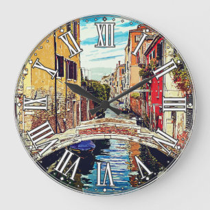 Venetian canal with houses and bridge. Italy. Large Clock