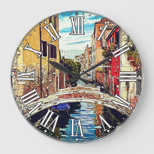 Venetian canal with houses and bridge Italy Large Clock