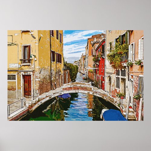 Venetian canal with houses and bridge Italy  Poster