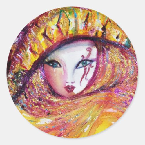 VENETIAN CARNIVAL MASK IN GOLD YELLOW CLASSIC ROUND STICKER
