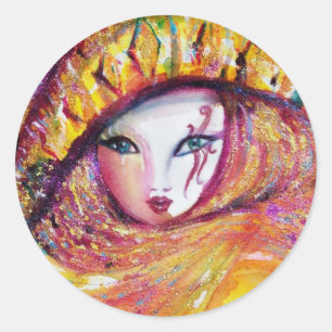 VENETIAN CARNIVAL MASK IN GOLD YELLOW CLASSIC ROUND STICKER