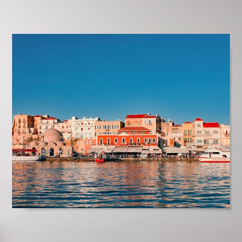 Venetian harbor in Chania at blue hour Crete   Poster