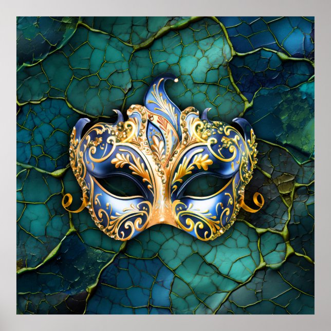 Venetian Mask on Teal-Blue Background Poster (Front)