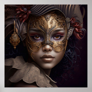 Venetian Mask Portrait in Gold and Burgundy Poster