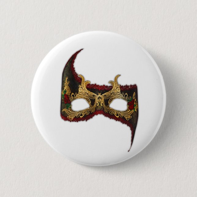 Venetian Masque: Gold and Red Rose Pinback Button (Front)