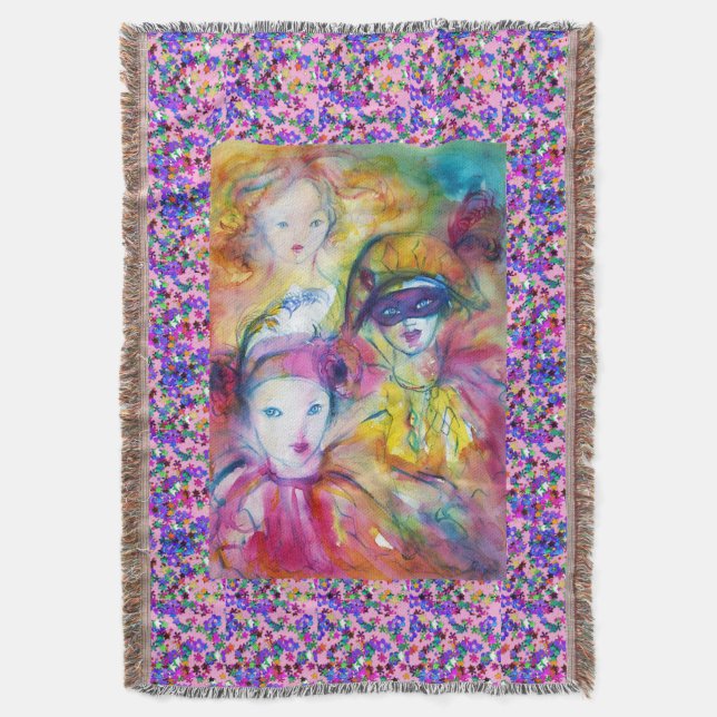 VENETIAN MASQUERADE /ARLECCHINO,PIERO ,COLOMBINA THROW BLANKET (Front Vertical)