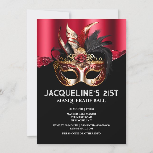 Venetian masquerade birthday mask red gold glam invitation | Zazzle
