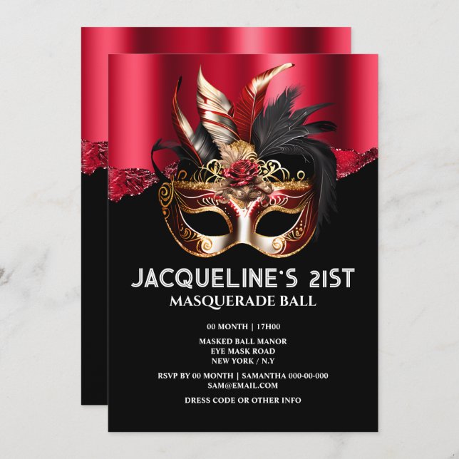 Venetian masquerade birthday mask red gold glam invitation (Front/Back)