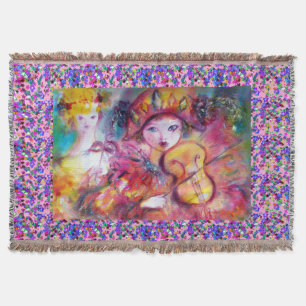 VENETIAN MASQUERADE FACES/ HARLEQUIN AND COLUMBINE THROW BLANKET