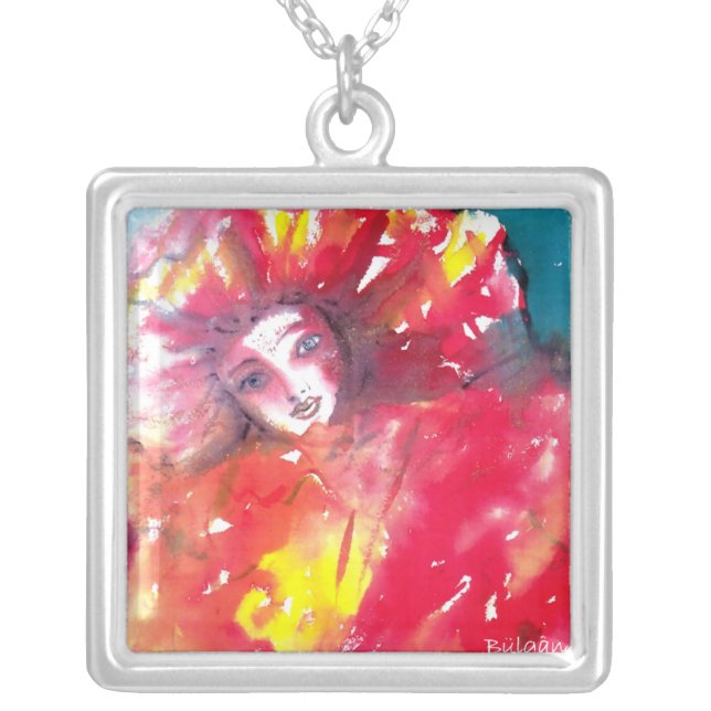 VENETIAN MASQUERADE FACES - MASK IN RED SILVER PLATED NECKLACE (Front)
