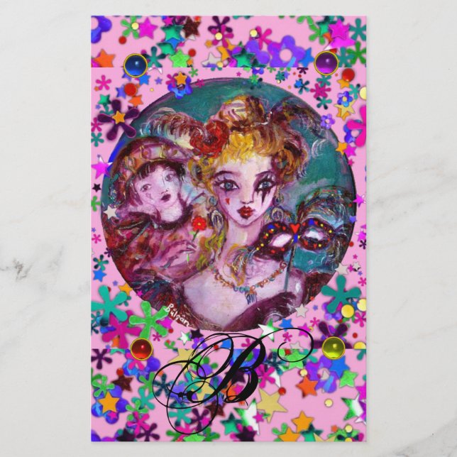 VENETIAN MASQUERADE LOVERS,MASKS CONFETTI MONOGRAM STATIONERY (Front)