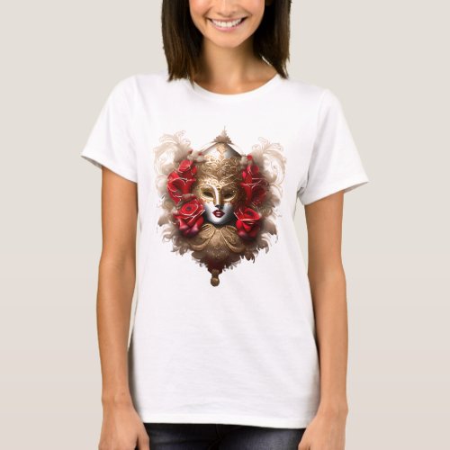 Venetian masquerade mask gold red rose masked T_Shirt