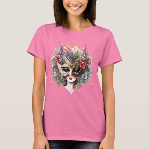 Venetian masquerade mask pink gold floral masked T_Shirt