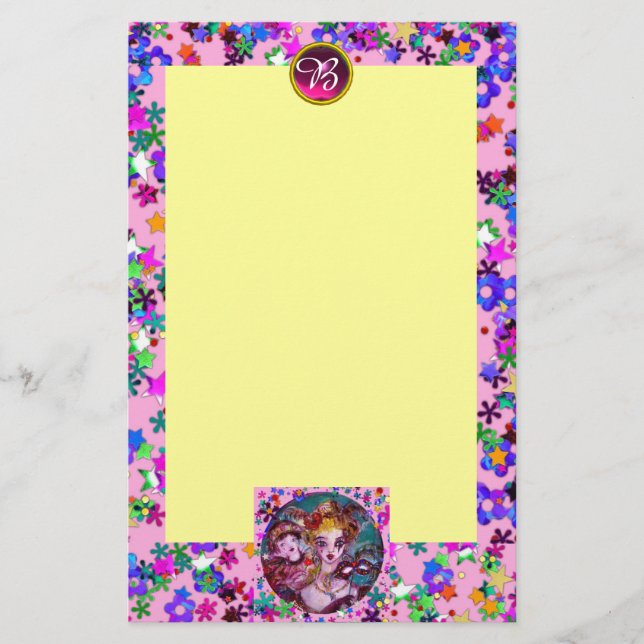 VENETIAN MASQUERADE MASKS,CONFETTI GEM MONOGRAM STATIONERY (Front)