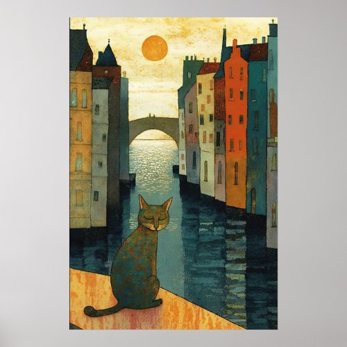 Venetian Quayside A Cats Luminous Reflections Poster