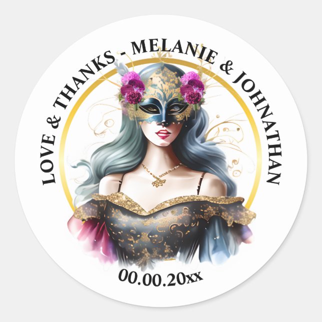 Venetian woman masquerade face mask pink gray classic round sticker (Front)