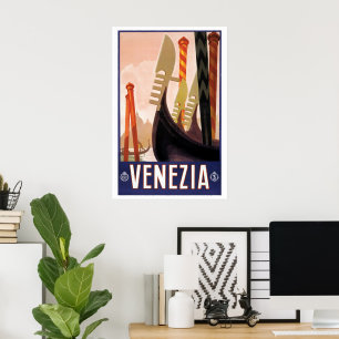 Venezia, Venice, Italy Gondolas Vintage Travel Art Poster