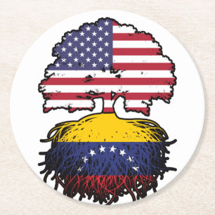 Venezuela Venezuelan American USA Tree Roots Flag Round Paper Coaster