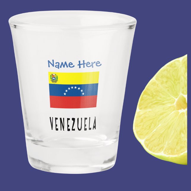 Venezuela Venezuelan Flag Blue Personalized  Shot Glass (Venezuelan Flag on shot glass with word VENEZUELA below in flag colors. Add name above in blue text.)