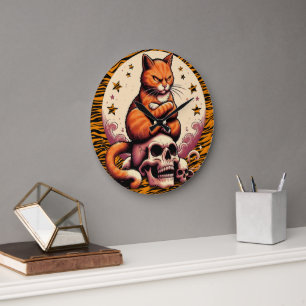 Vengeful Orange Cat, Skulls and Moon Large Clock