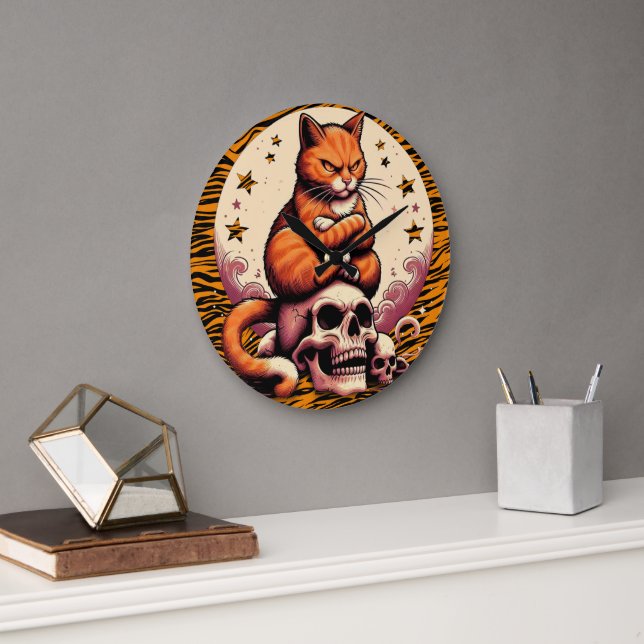 Vengeful Orange Cat, Skulls and Moon Large Clock (Office)