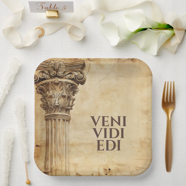 Veni Vidi Edi Funny Ancient Rome Latin Saying Paper Plates (Wedding)
