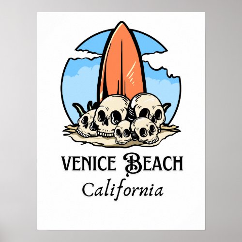 Venice Beach California skull surfboard poster