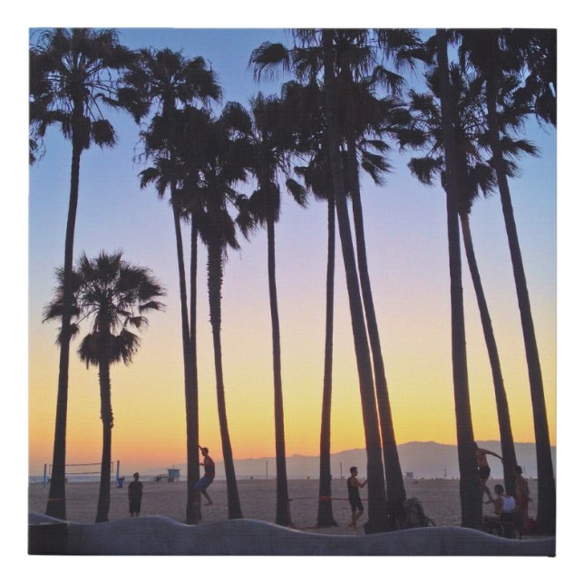 Venice Beach Sunset Palm Tree Slackline Volleyball Faux Canvas Print (Front)