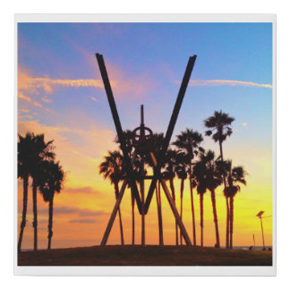Venice Beach Sunset Sculpture and Palm Trees Faux Canvas Print
