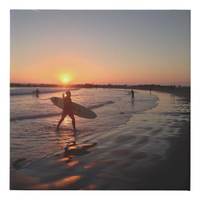 Venice Beach Sunset Summer Surfer Waves Faux Canvas Print (Front)