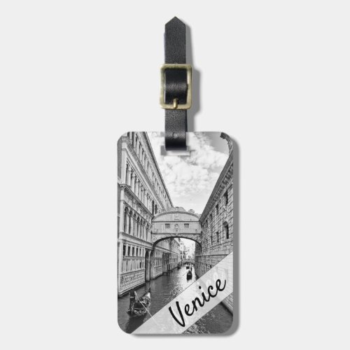 Venice Bridge of Sighs black white with gondolier Luggage Tag