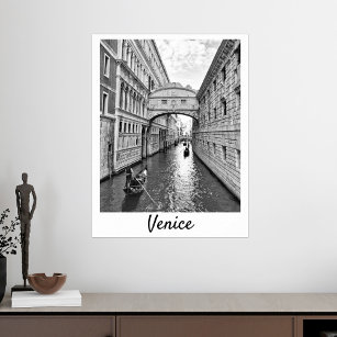 Venice Bridge of Sighs black white with gondolier Poster