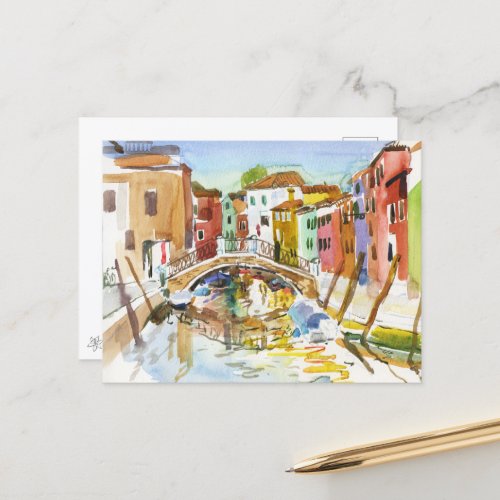 Venice bridge Watercolor art Postcard