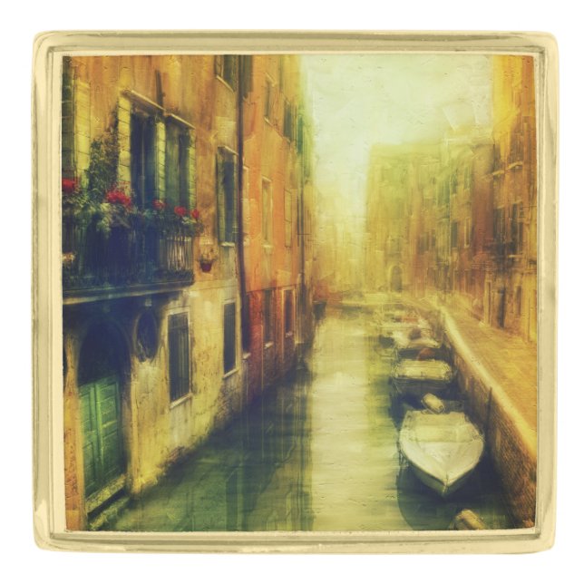 Venice Canal Balcony Painting Gold Finish Lapel Pin (Front)