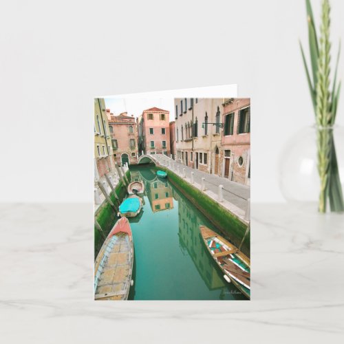 Venice canal green water pink buildings thank you card