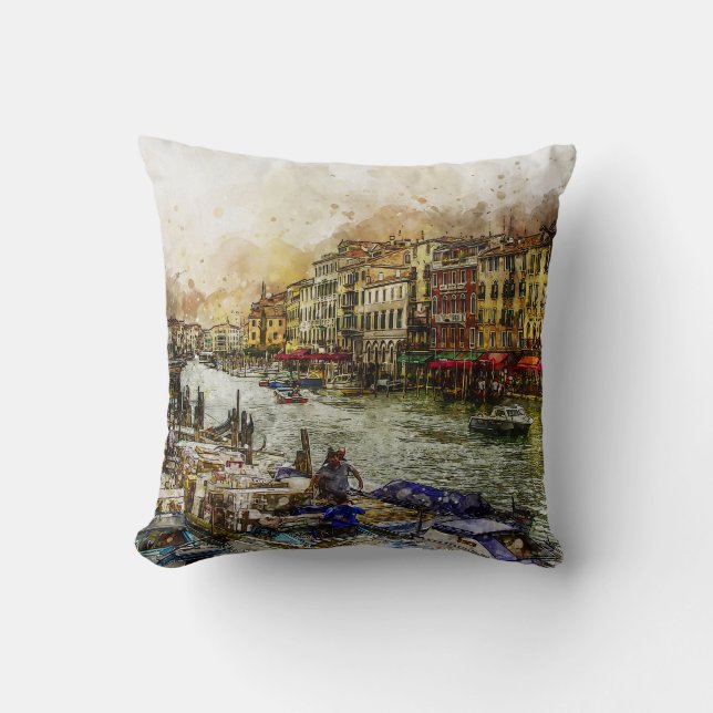 Venice Canal Scene Painting Throw Pillow (Front)