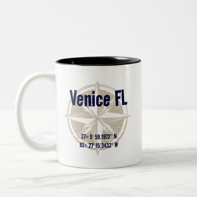 Venice, Florida Nautical Latitude Longitude Two-Tone Coffee Mug (Left)