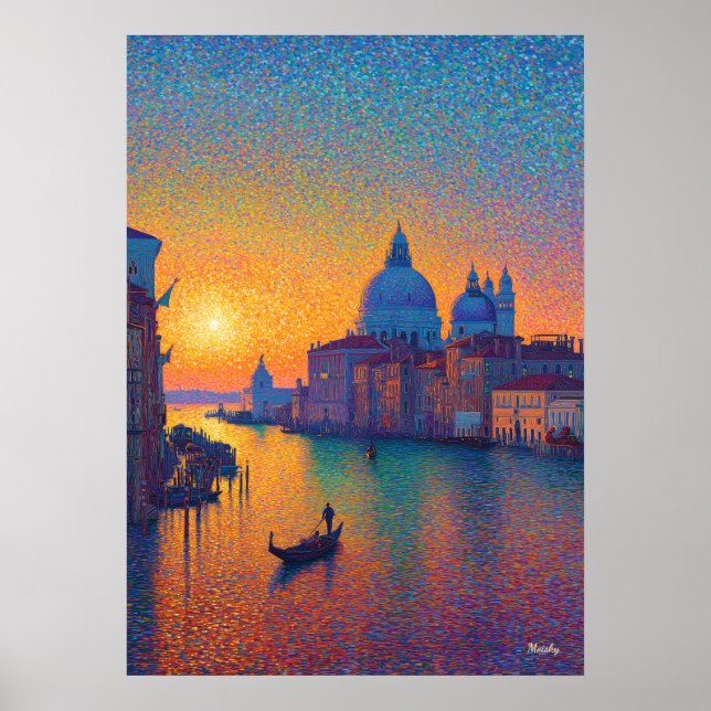 Venice Grand Canal Pointillism Sunset Art Poster (Front)