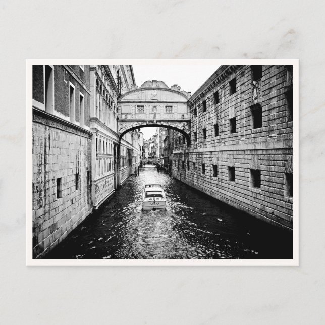 Venice Italy Canal Boat Black & White Postcard (Front)