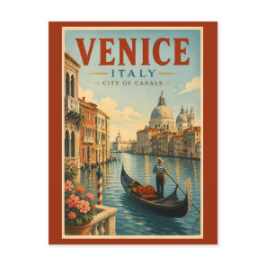 Venice Italy Canals Illustration Travel Art Retro Postcard