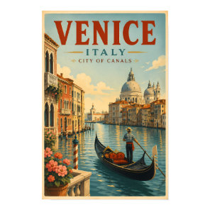Venice Italy Canals Illustration Travel Art Retro Poster