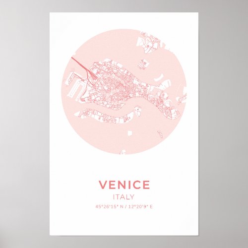 Venice Italy Coral Circle Map Poster