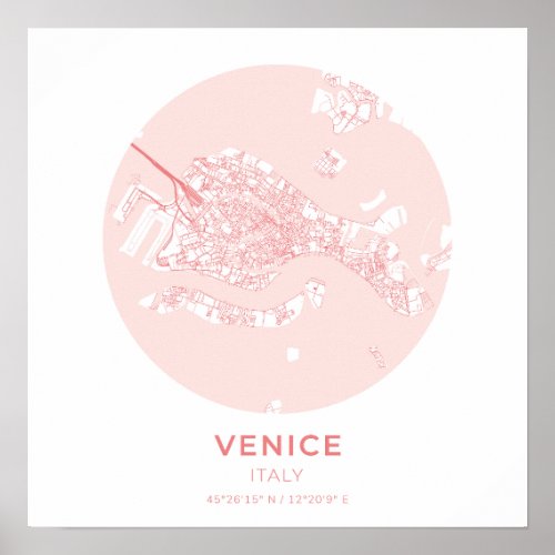 Venice Italy Coral Circle Map Poster 