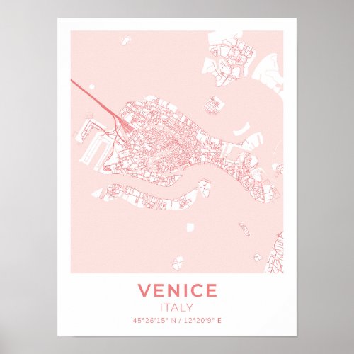 Venice Italy Coral City Map Poster