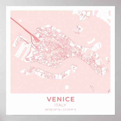 Venice Italy Coral Square Map Poster