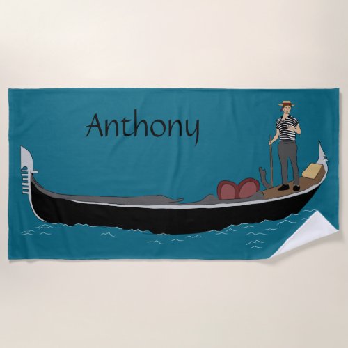 Venice Italy Gondola and Gondolier Teal Blue Beach Towel