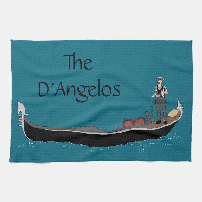 Venice, Italy Gondola and Gondolier Teal Blue Kitchen Towel (Horizontal)