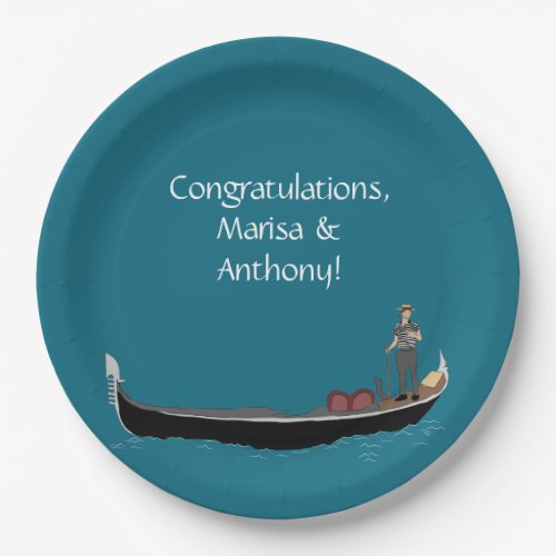 Venice Italy Gondola and Gondolier Teal Blue Paper Plates